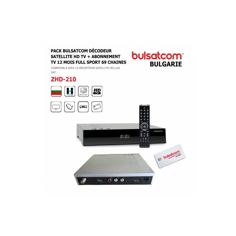 ME - Pack Bulsatcom Décodeur Satellite hd tv ZHD-210 + Abonne nt tv 12 Mois 69 chaines, Full Sport Bulgarie via Antenne Satellite Hellas 39°Est