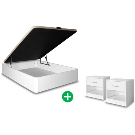 Pack Cama Canape Abatible + Mesita de Noche 1 Cajon Blanco