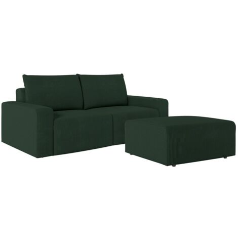 PACK - Canapé droit fixe 2 places ROMANE avec pouf en velours côtelé - Vert foncé