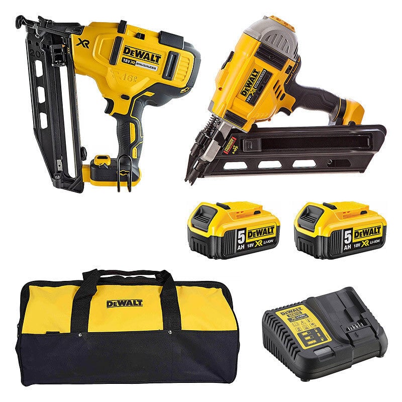 Pack 2 Cloueurs 18V Dewalt DCK2046P2-QW : cloueur de charpente et un cloueur de finition avec 2 batteries