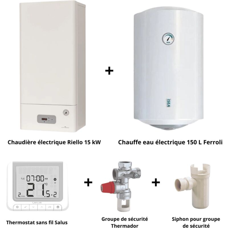 Riello - Pack chaudière électrique 3 à 15 Kw + chauffe eau 150 l + accessoires