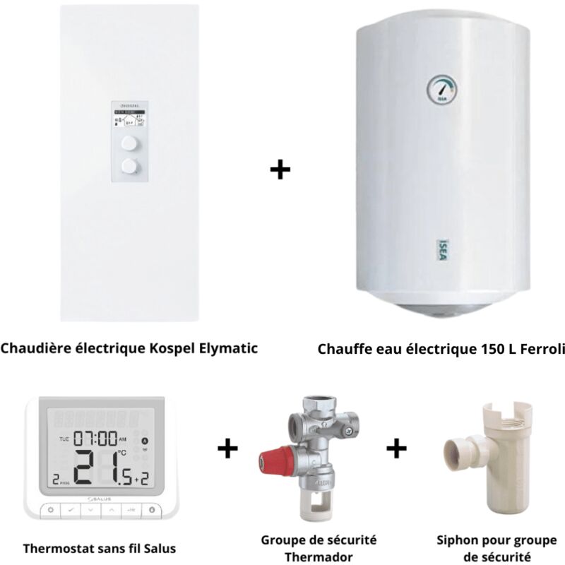 Kospel - Pack chaudière électrique 7 / 9 / 11 / 14 Kw + chauffe eau 150 l + accessoires