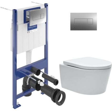 VILLEROY & BOCH Pack Cisterna empotrada + inodoro Swiss Aqua Technologies sin brida y con fijaciones invisibles + placa cromada