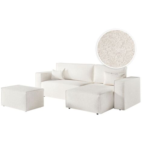 PACK - CLARISSE - Canapé d'angle convertible réversible avec pouf en tissu bouclette - Blanc