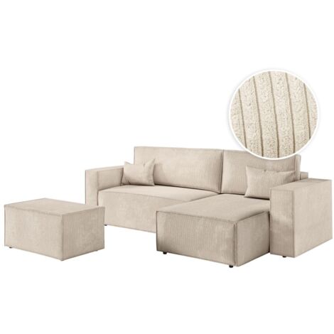 PACK - CLARISSE - Canapé d'angle convertible réversible avec pouf en velours côtelé - Beige