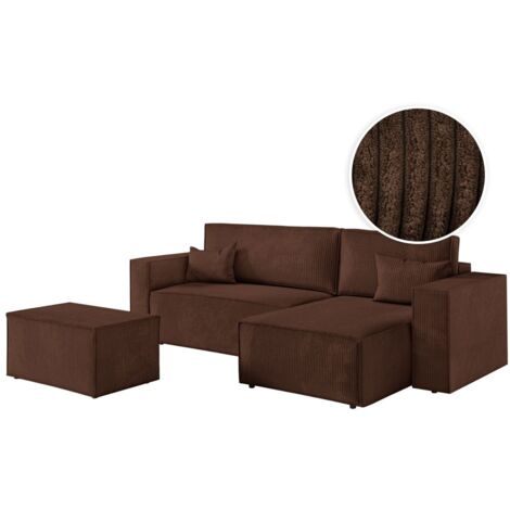 PACK - CLARISSE - Canapé d'angle convertible réversible avec pouf en velours côtelé - Marron