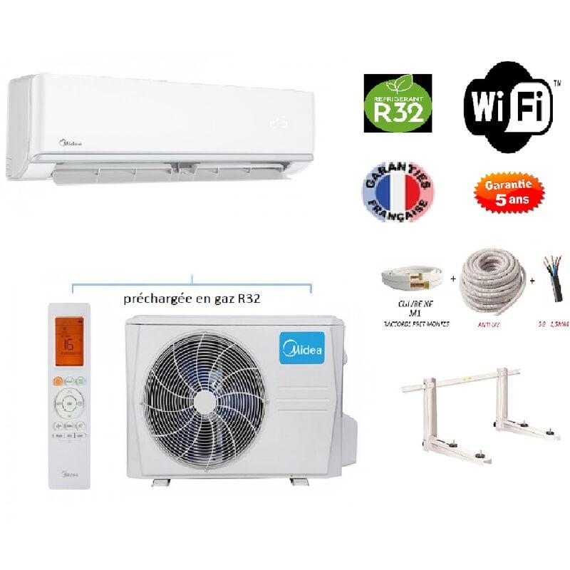 Pack Climatiseur réversible Mono-split Midea arum a++ 2600w 26m2 + kit 3 mètres de pose complet wifi integre