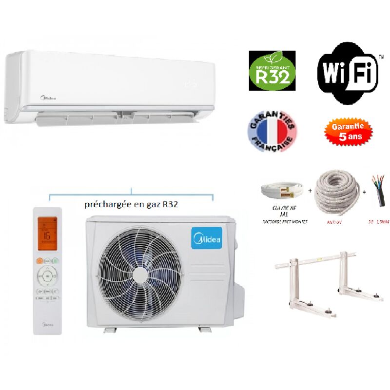 Midea - Pack Climatiseur réversible Mono-split arum a++ 5000w 50m2 + kit 10 mètres de pose complet wifi integre