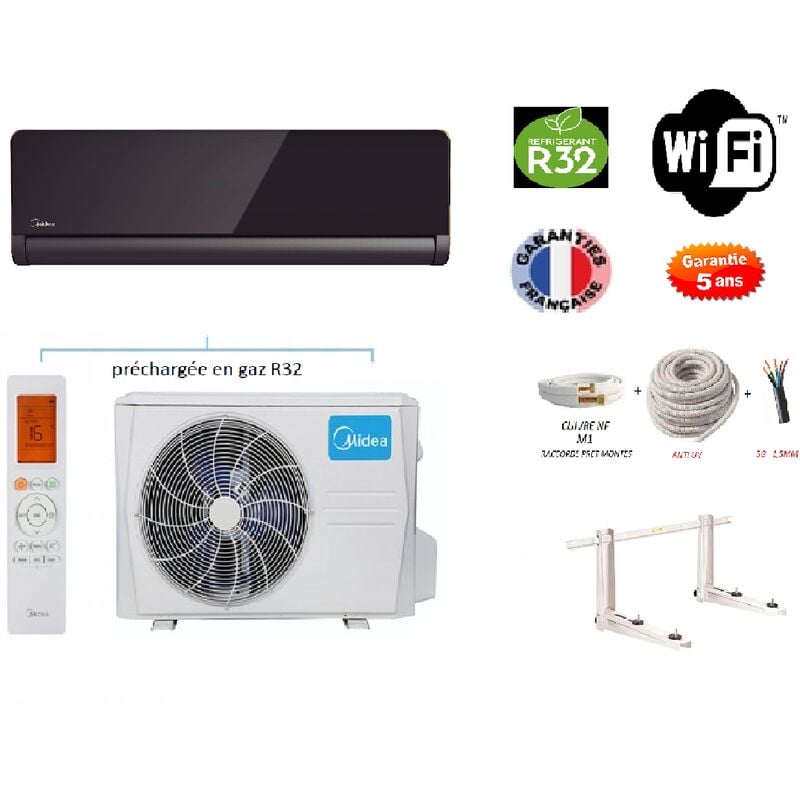 Pack Climatiseur réversible Mono-split MIDEA PURE GLASS 3500w 35m2 + kit 3 mètres de pose complet WIFI INTEGRE A+++