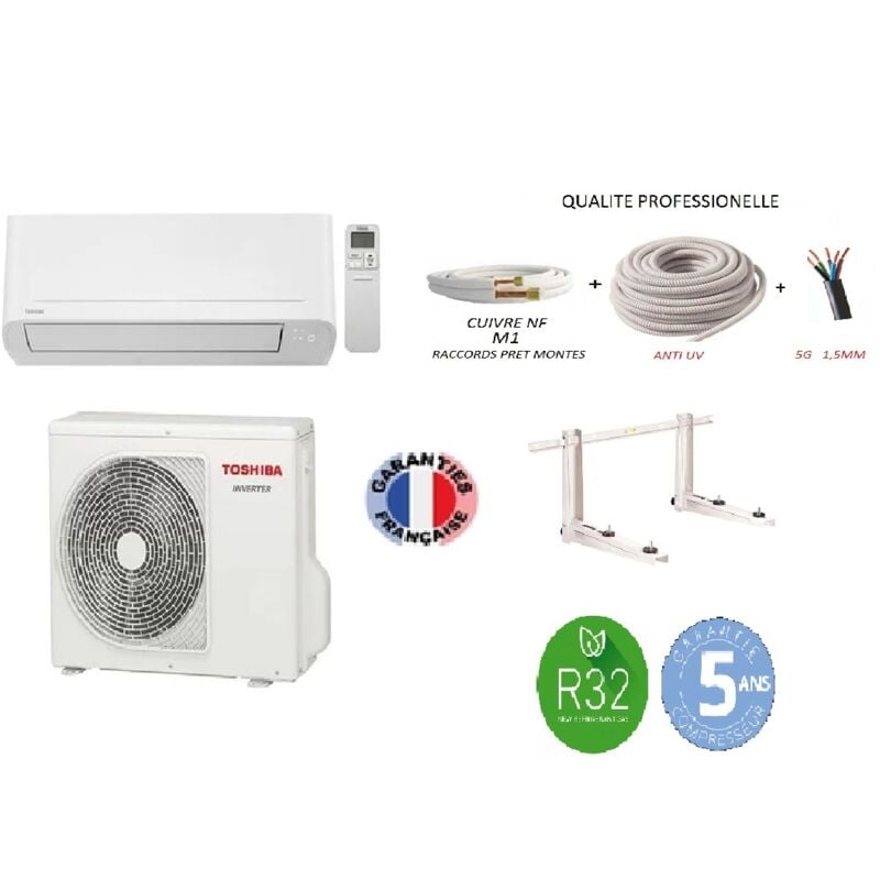 Pack Climatiseur réversible Mono-split TOSHIBA NAKA 1,5 KW 15m2 + kit 3 mètres de pose complet