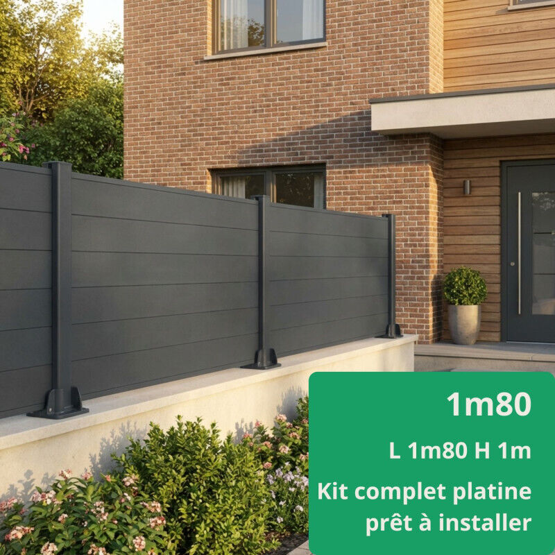 Pack clôture composite et aluminium sur platine L1.80m x H1m gris anthracite