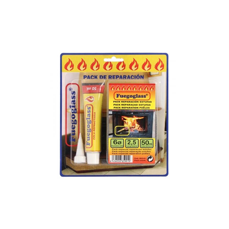 

Kit reparacion estufaschimeneas cola refractaria y cordon fibra vidrio 6 mm x 25 m