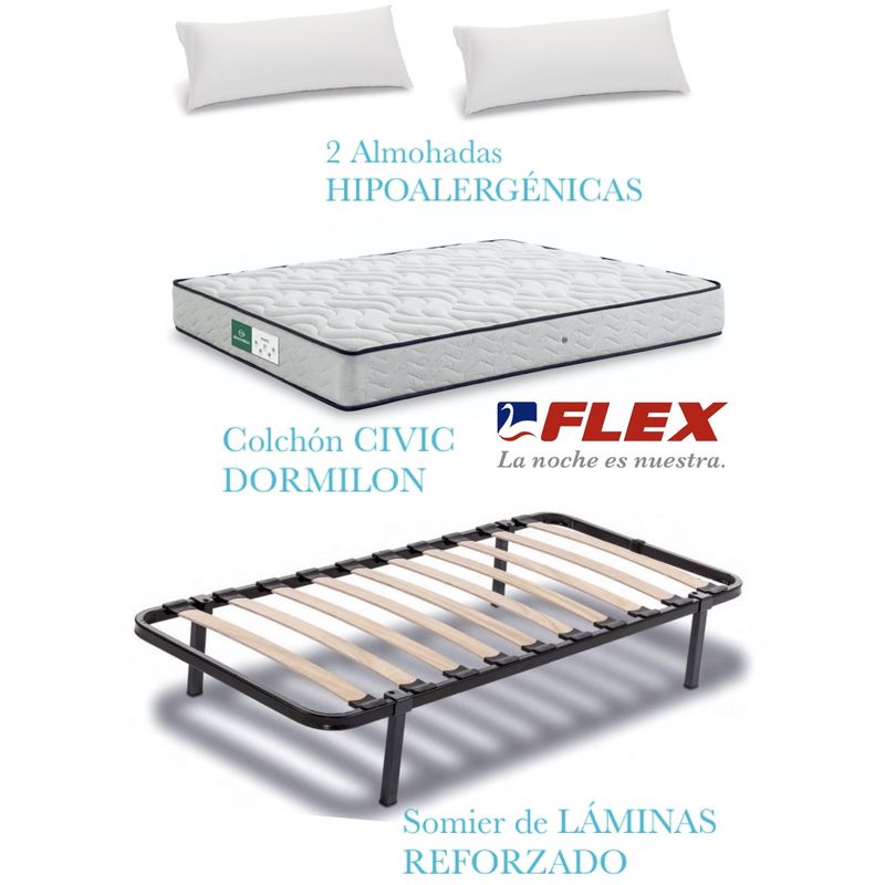 

PACK COLCHON CIVIC 135x200 + SOMIER CON PATAS+ 2 ALMOHADAS HIPOALERGENICAS - Dormilon