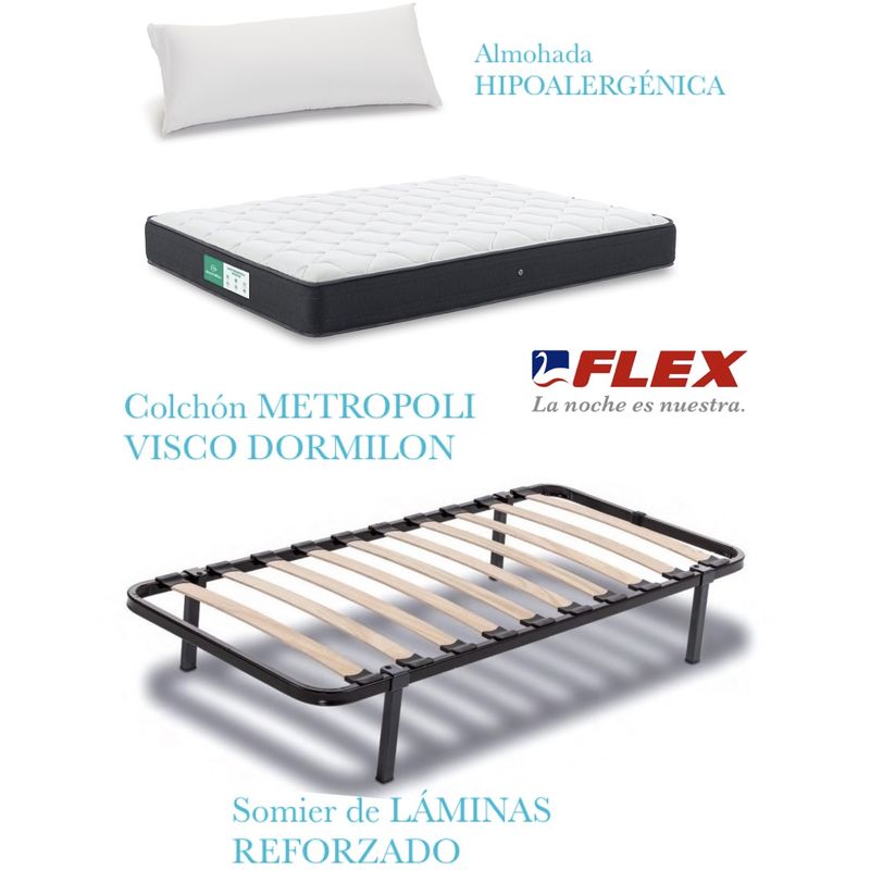 

PACK COLCHON METROPOLI VISCO 105x190 + SOMIER CON PATAS + ALMOHADA HIPOALERGENICA - Dormilon