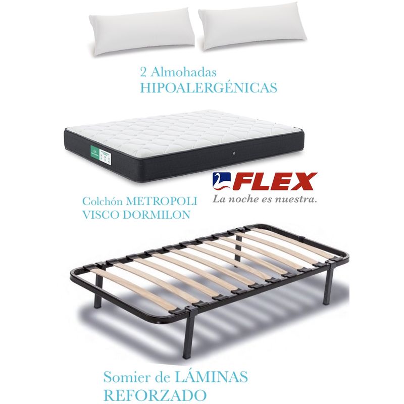 

PACK COLCHON METROPOLI VISCO 135x190 + SOMIER CON PATAS+ 2 ALMOHADAS HIPOALERGENICAS - Dormilon