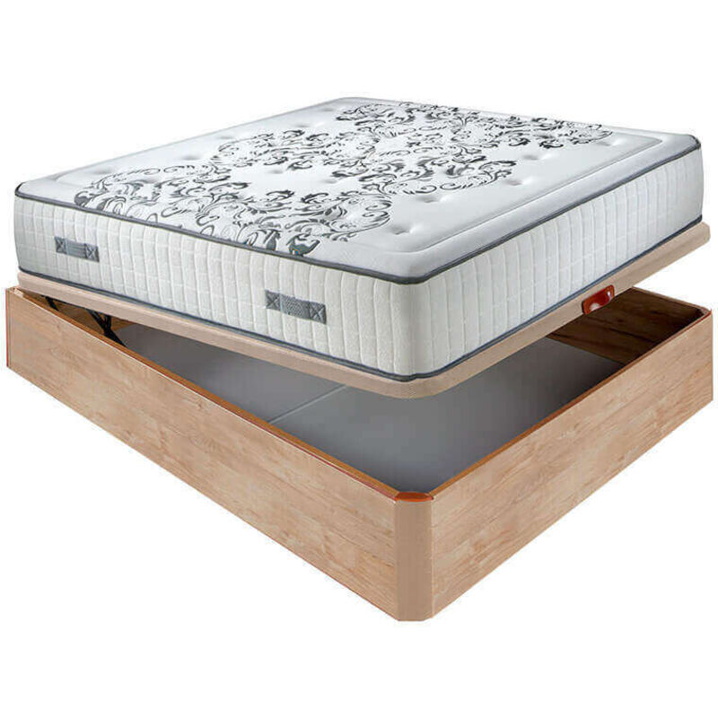 

Colchón muelles ensacados Queen 28 cm acogida gradual + Canapé abatible madera 3D transpirable altura 34 cm | 150x190cm - Roble
