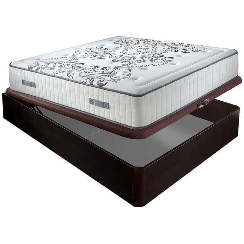 

Colchón muelles ensacados Queen 28 cm acogida gradual + Canapé abatible madera 3D transpirable altura 34 cm | 150x200cm - Wengue