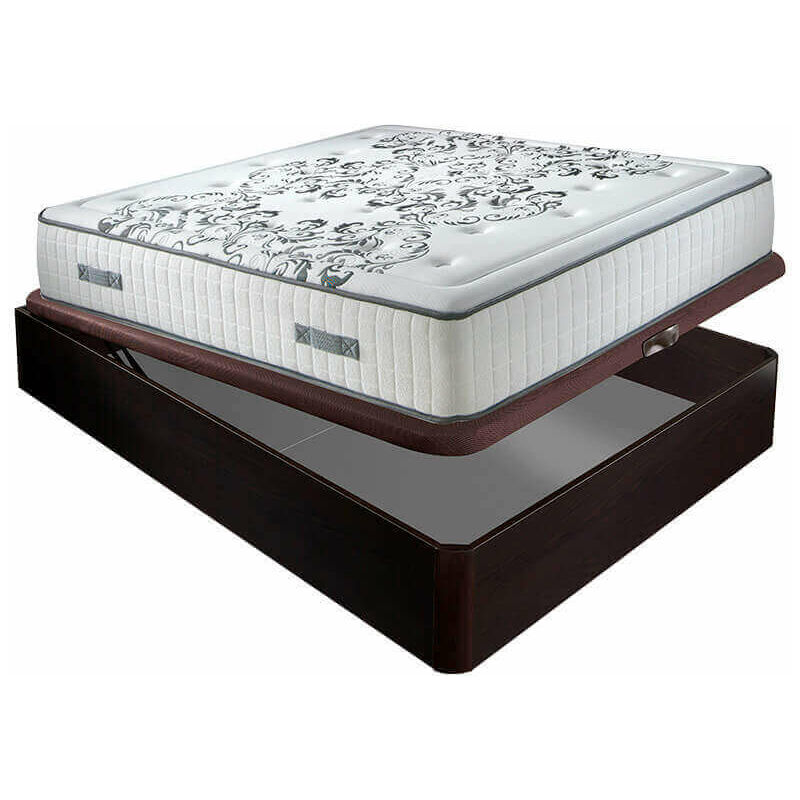 

Colchón muelles ensacados Queen 28 cm acogida gradual + Canapé abatible madera 3D transpirable altura 34 cm | 90x200cm - Wengue