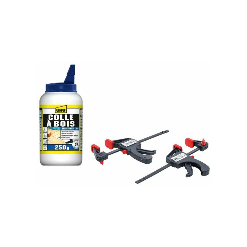 Pack Colle UHU spéciale bois résistante à l'eau D3 250g - Jeu de serre-joints et d'écartement bgs 105mm