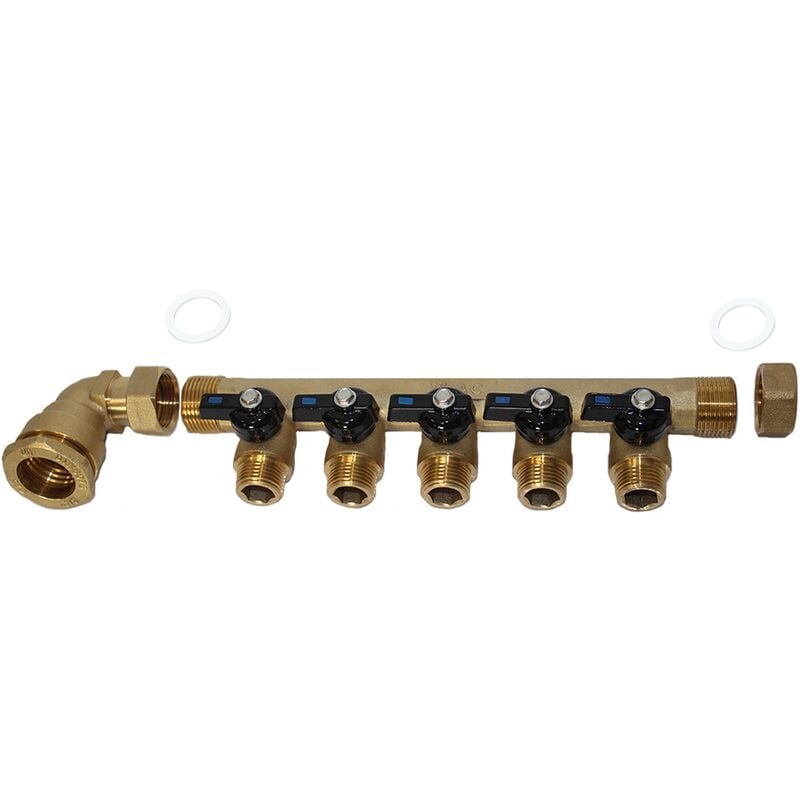 Pack collecteur sanitaire eau-froide 3/4'' (20/27) 5 départs mâle 1/2" (15/21) - alimentation PEHD Ø25