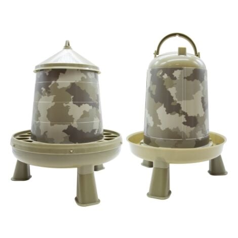 Pack Comedero y Bebedero con Patas para Gallinas y Otras Aves – Capacidad 2Kg / 3L – Tolva y Bebedero Sifónico en Colores Tipo Camuflaje - Alimento Siempre Limpio