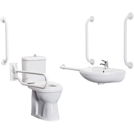 Pack - Comfort Height Toilet Pan with Cistern & Seat, Wall Mounted Basin + Tap, 5 Grab Rails & Drop Down Rail - White by Balterley