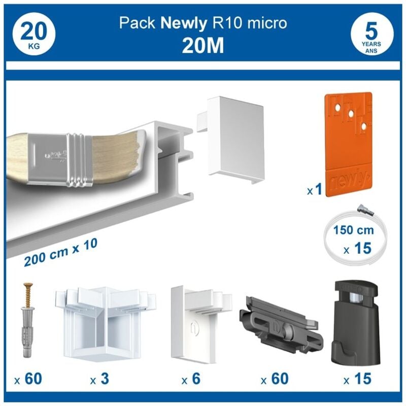 Newly - Pack complet 20 mètres cimaise R10 micro perlon couleur Blanc (peut être peint)