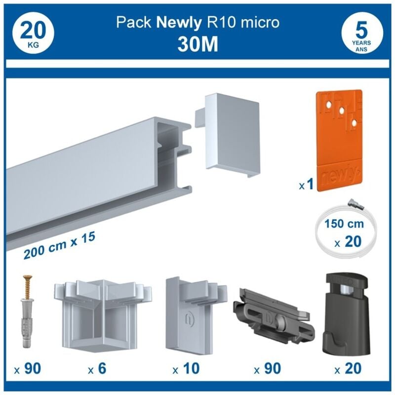 Newly - Pack complet 30 mètres cimaise R10 micro perlon couleur Aluminium anodisé