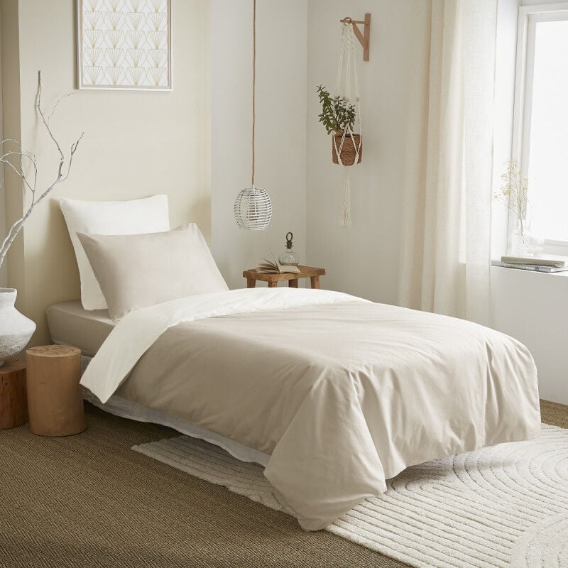 Pack complet 4 pièces Lin/Blanc réversible housse de couette pour lit 90 x 190 cm