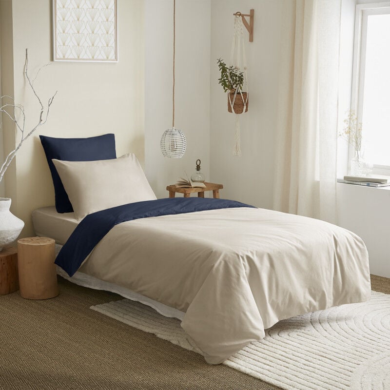 Pack complet 4 pièces Lin/Marine réversible housse de couette pour lit 90 x 190 cm