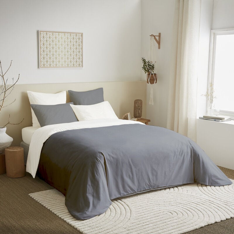 Pack complet 6 pièces Anthracite/Blanc housse de couette pour lit 160 x 200 cm 100% coton / 57 fils/cm²