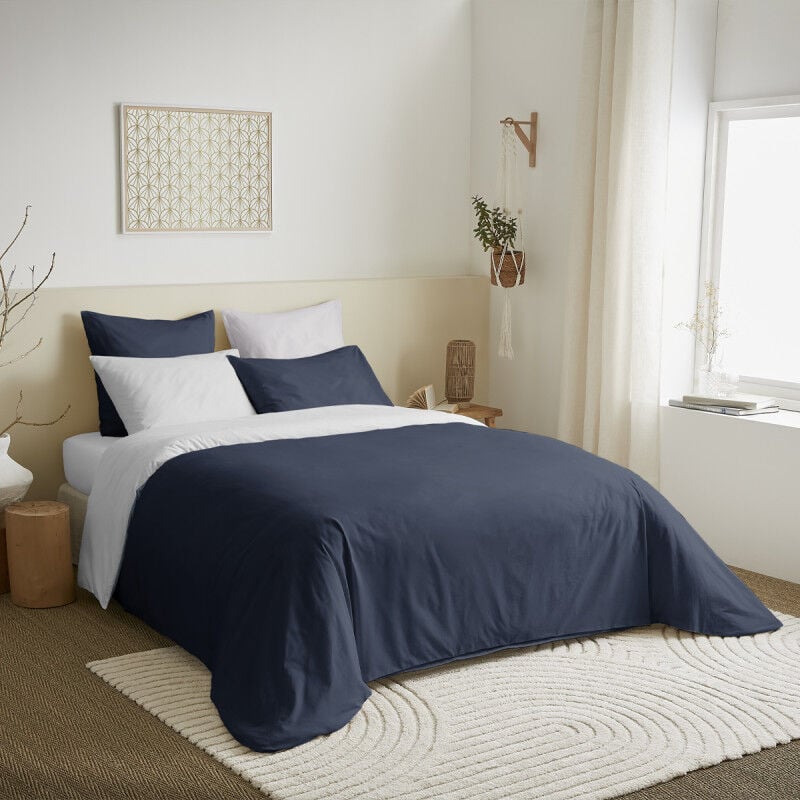 Pack complet 6 pièces marine/blanc housse de couette pour lit 180 x 200 cm king size 100% coton / 57 fils/cm²