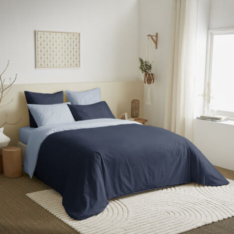 Pack complet 6 pièces Marine/Bleu Ciel réversible housse de couette pour lit 160 x 200 cm