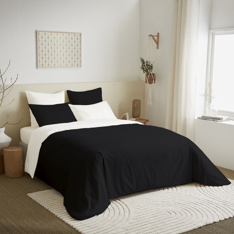 Pack complet 6 pièces noir/blanc housse de couette pour lit 140 x 190 cm 100% coton / 57 fils/cm²