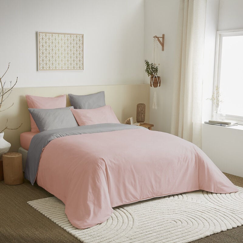 Pack complet 6 pièces Rose/Gris housse de couette pour lit 140 x 190 cm 100% coton / 57 fils/cm²