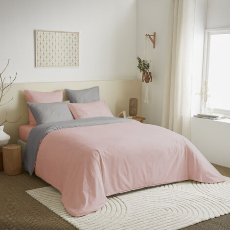 Pack complet 6 pièces rose/gris housse de couette pour lit 180 x 200 cm king size 100% coton / 57 fils/cm²