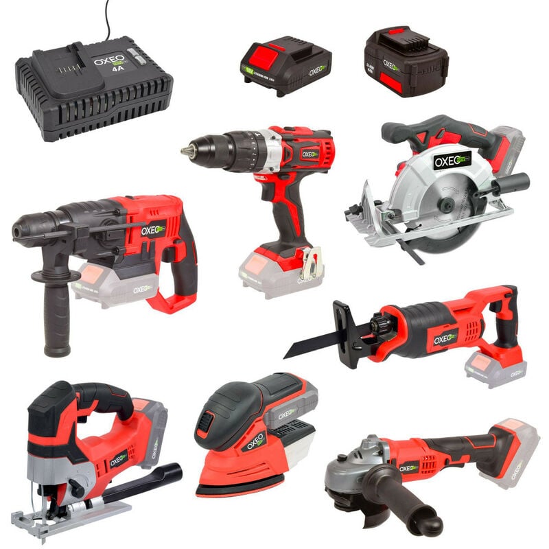 Pack complet Bricolage Easy Full : Perceuse/Perfo/Meuleuse/Scie sauteuse/circulaire/sabre/ponceuse/batteries 4Ah/2Ah