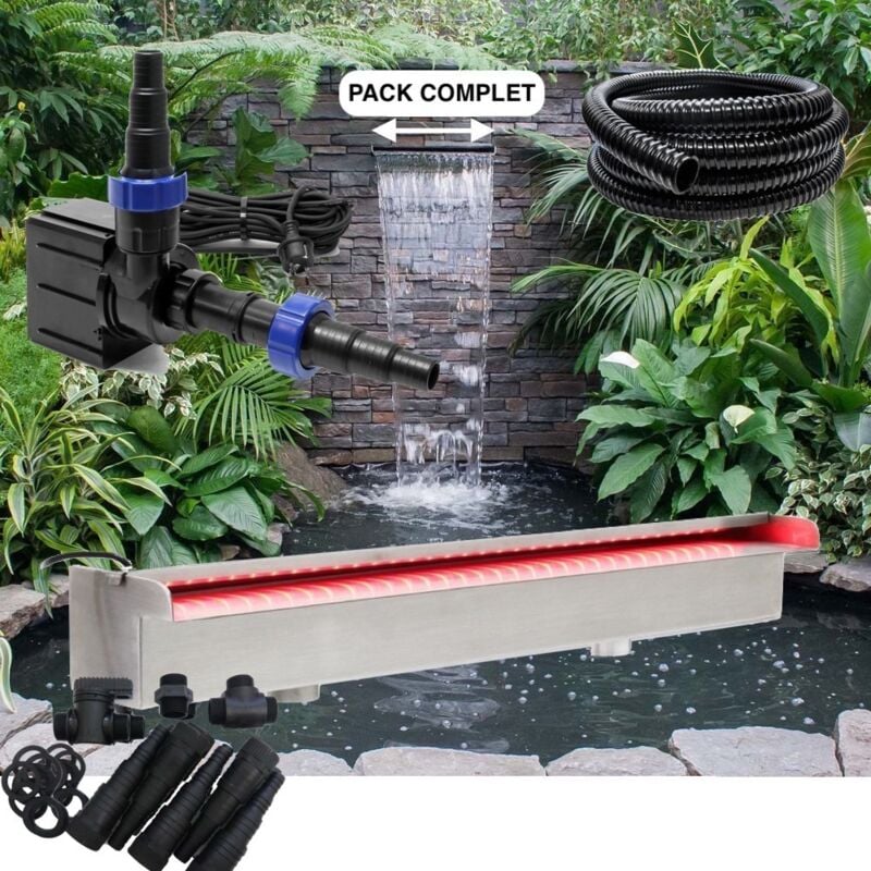 Pack Complet Cascade - Lame D'Eau 45 cm Inox éclairage led , Pompe, Tuyau, Connecteurs Bassins de jardin et piscines