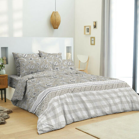Pack complet housse de couette réversible pour lit 140 x 190 cm Floral taupe
