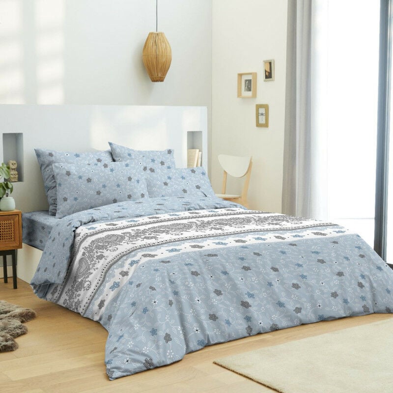 Pack complet housse de couette réversible pour lit 140 x 190 cm Heart bleu