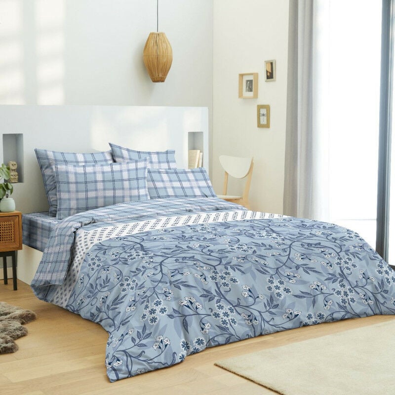 Pack complet housse de couette réversible pour lit 140 x 190 cm Liberty bleu