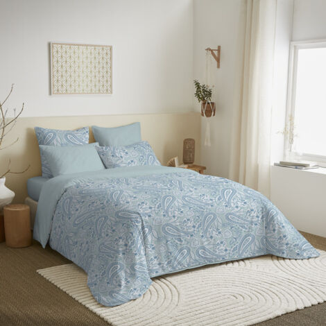 Pack complet housse de couette réversible pour lit 180 x 200 cm "King size" Cachemire bleu