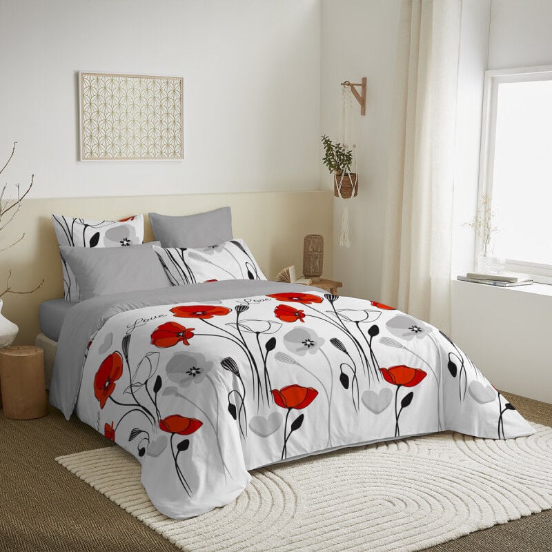 Pack complet housse de couette réversible pour lit 180 x 200 cm 'King size' Coquelicot