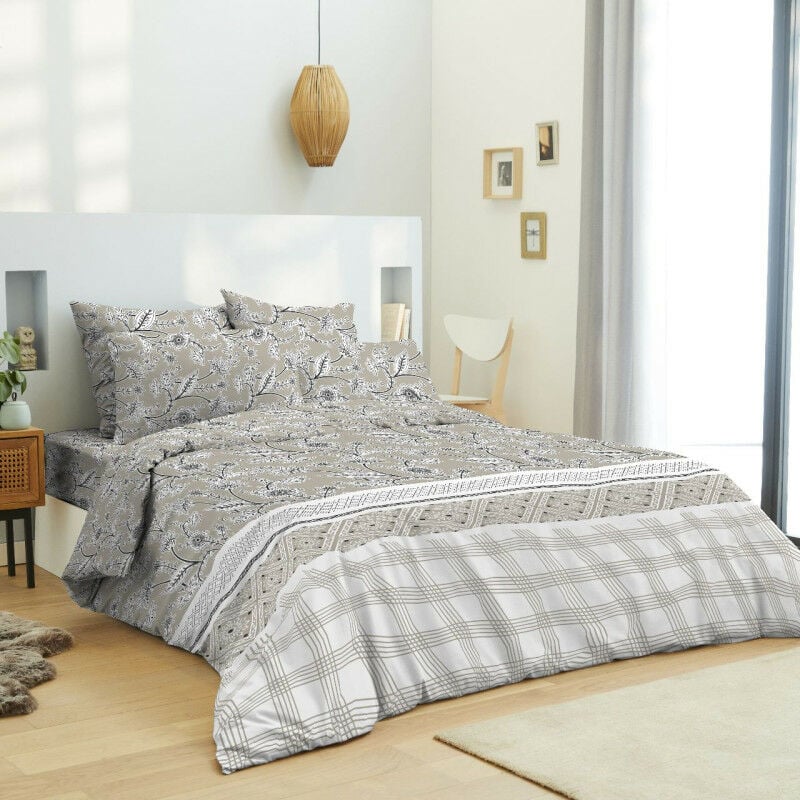 Pack complet housse de couette réversible pour lit 180 x 200 cm 'King size' Floral taupe