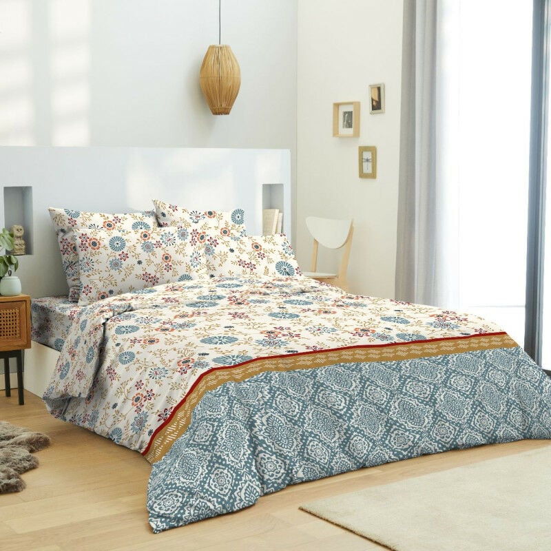 Pack complet housse de couette réversible pour lit 180 x 200 cm 'King size' Nature bleu