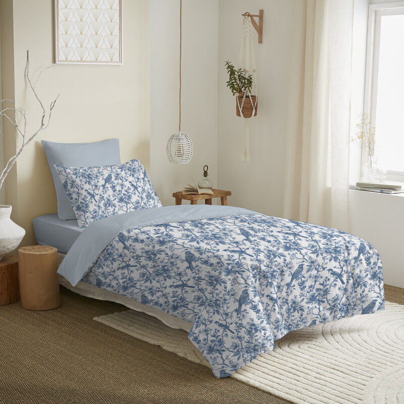 Pack complet housse de couette réversible pour lit 90 x 190 cm Bérengère bleu