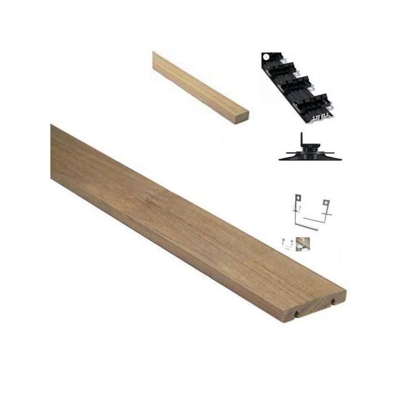 Kit tarrasse complet en bois exotique ipe grad clips avec Lambourde, Flat Rail, plot pvc et clé de démontage - lot : 15m² - Longueur de lame : 1200 mm