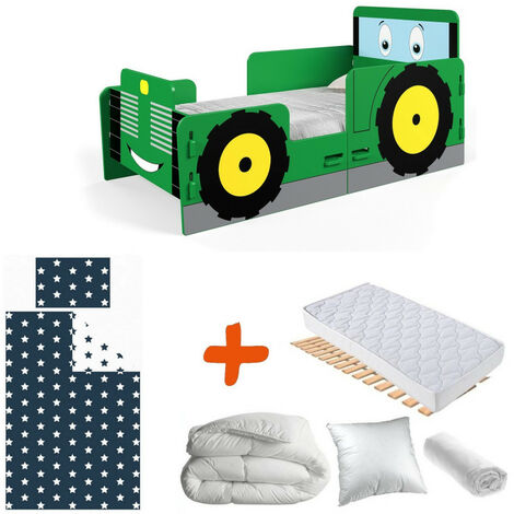 Pack complet Lit à clipser modèle TED le tracteur vert = Lit+Matelas & Parure+Couette+Oreiller - Vert