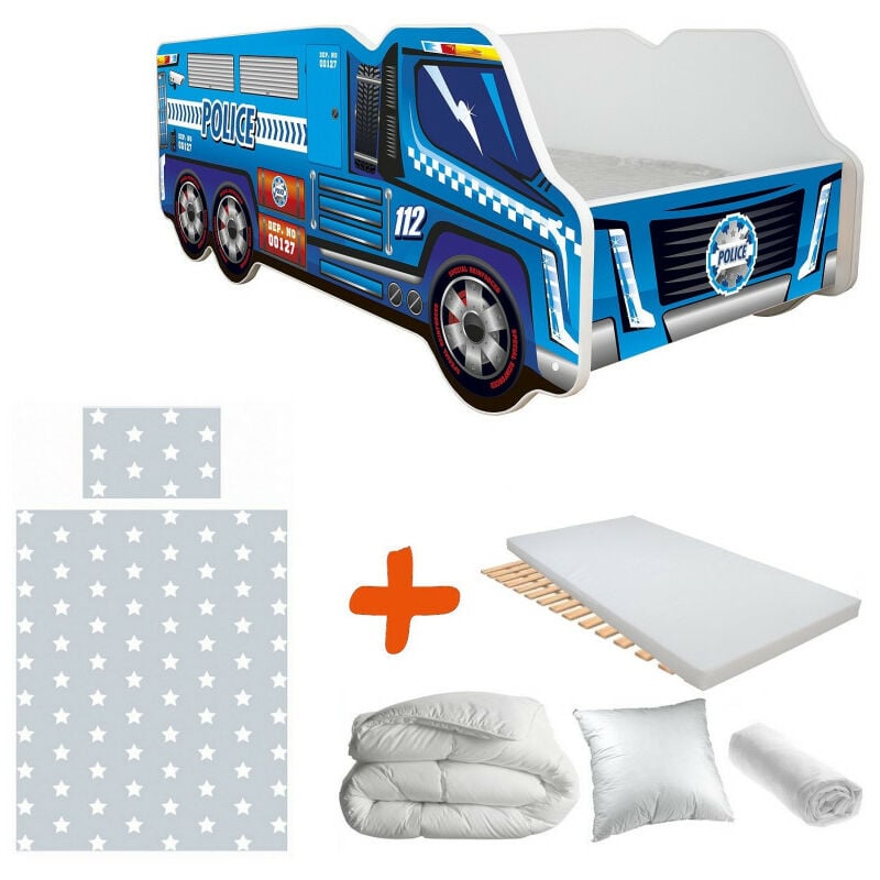 Pack complet Lit camion modèle police bleu Lit +sommier+Matelas & Parure+ Couette+ Oreiller - 70 x140 cm