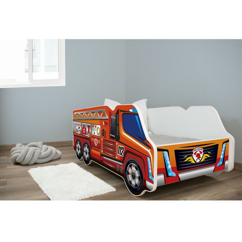 Pack complet Lit camion modèle pompier rouge = Lit +sommier+Matelas & Parure+ Couette+ Oreiller - 70 x140 cm - Rouge